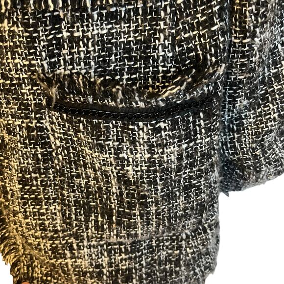 Sandro Tweed Long Jacket Black Boucle Blazer Fringe Collarless Classic Size L - Picture 7 of 12